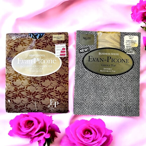 Evan-Picone Vintage Pantyhose MALLARD BLUE + VANILLA Lace Control size AMPLE - Picture 8 of 12